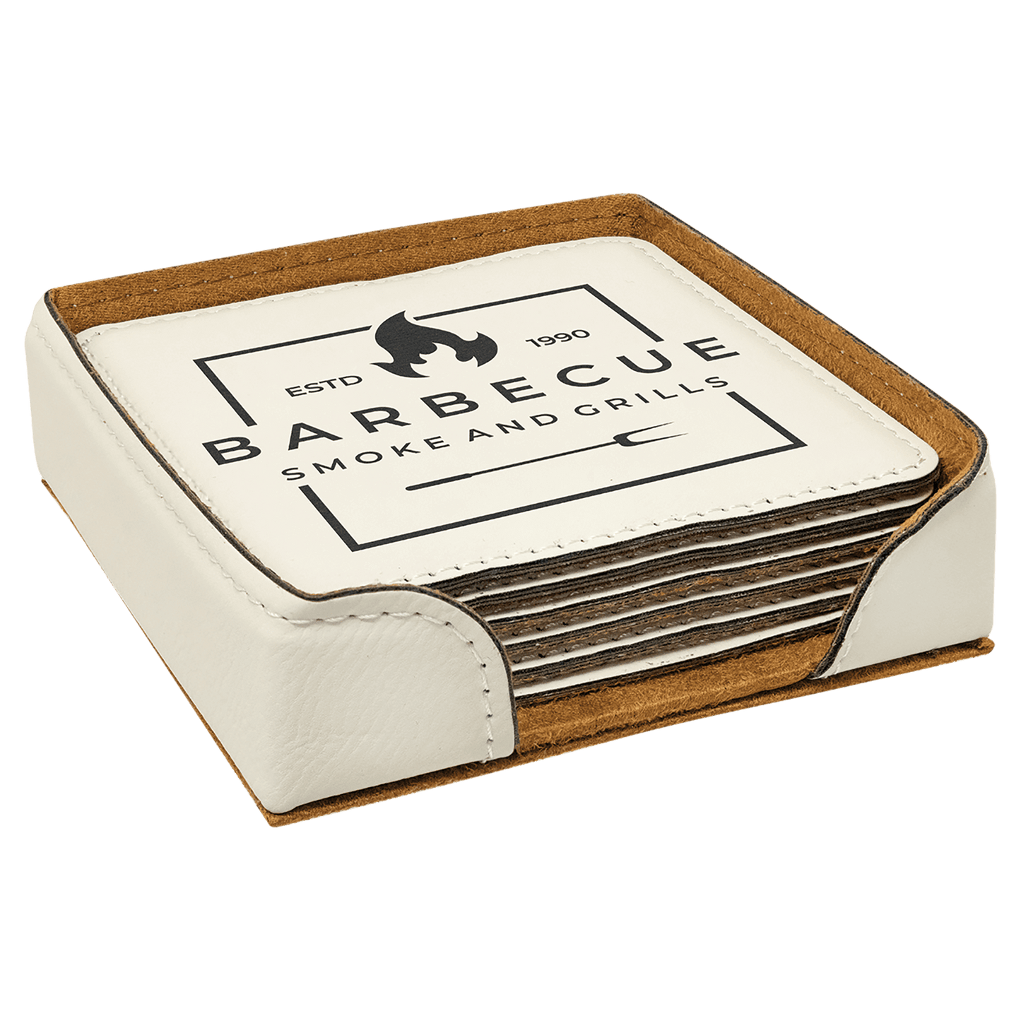 4" x 4" Square Laserable Leatherette 6-Coaster Set with Holder