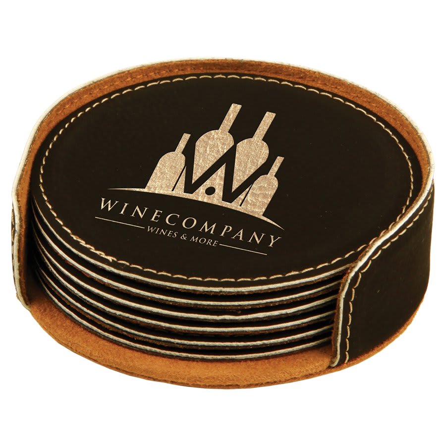 4" Laserable Leatherette Round 6-Coaster Set