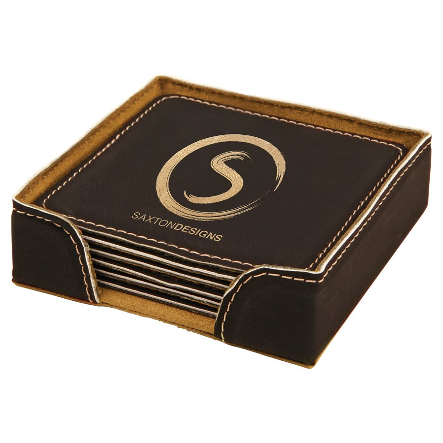 4" x 4" Square Laserable Leatherette 6-Coaster Set with Holder