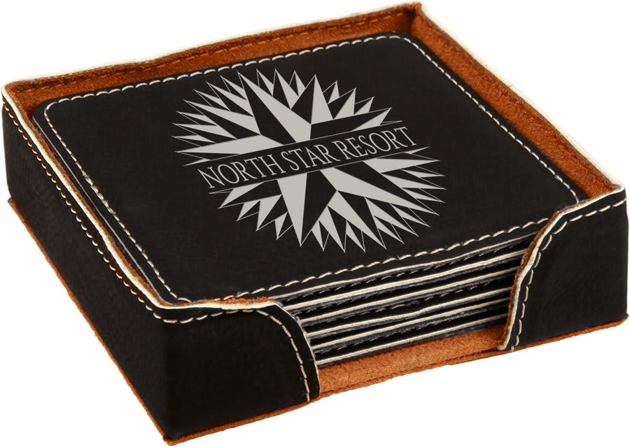 4" x 4" Square Laserable Leatherette 6-Coaster Set with Holder