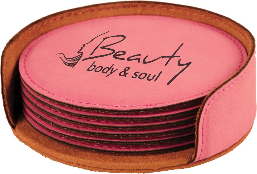4" Laserable Leatherette Round 6-Coaster Set