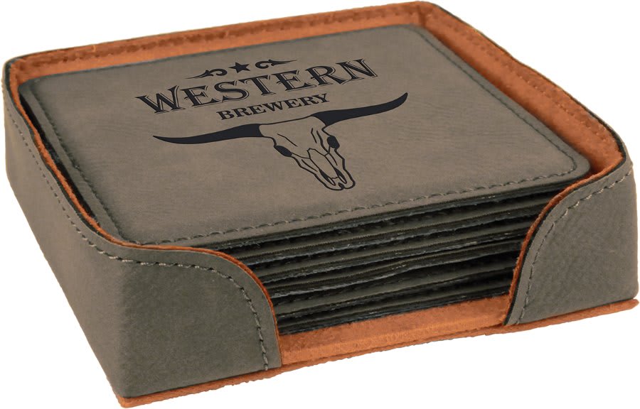 4" x 4" Square Laserable Leatherette 6-Coaster Set with Holder