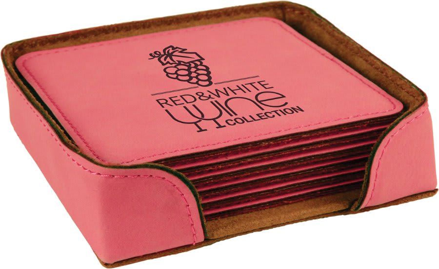 4" x 4" Square Laserable Leatherette 6-Coaster Set with Holder