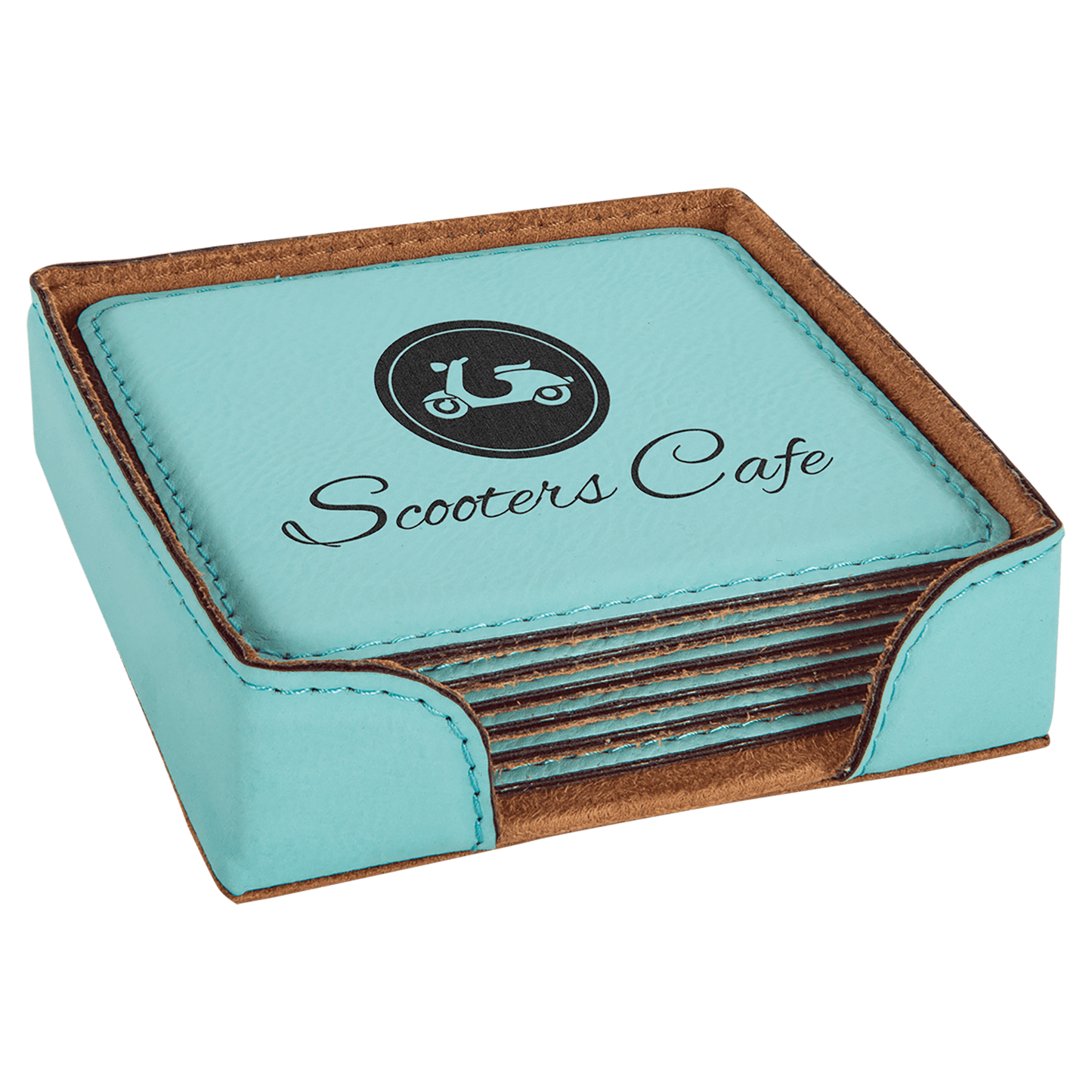 4" x 4" Square Laserable Leatherette 6-Coaster Set with Holder