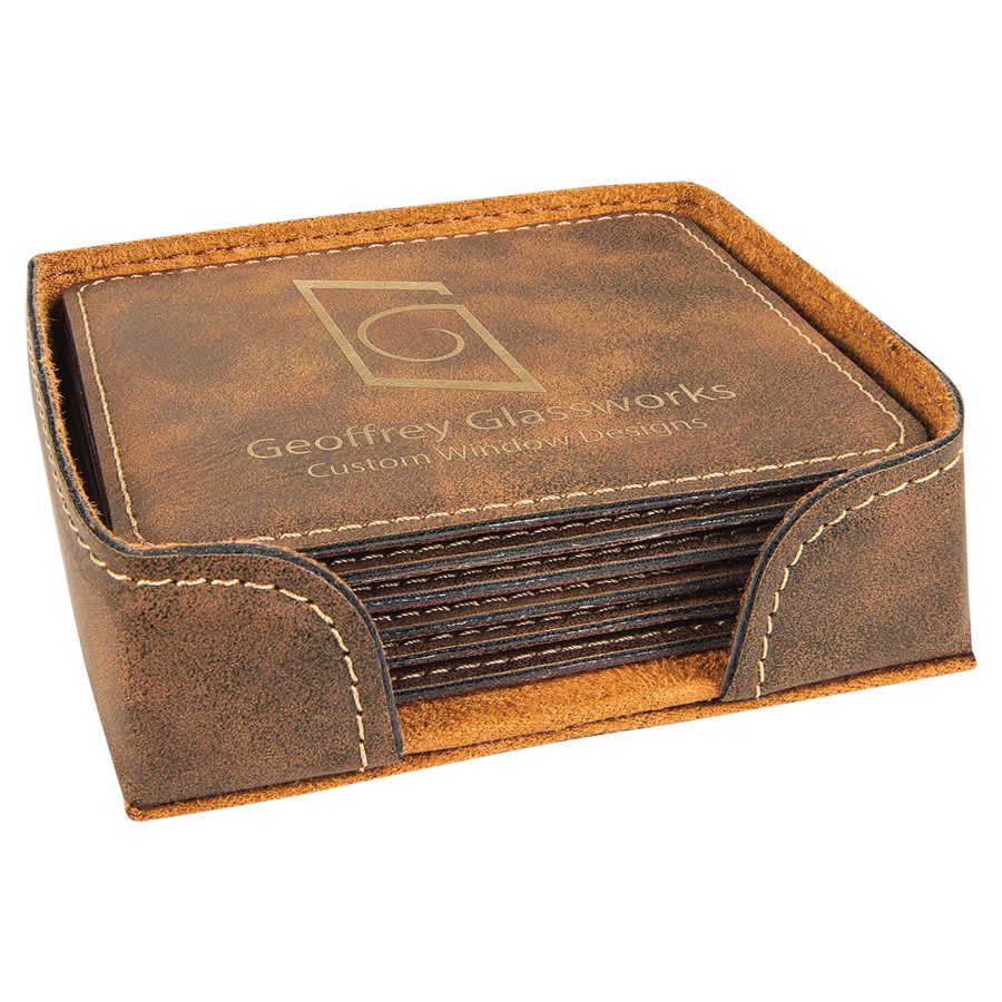 4" x 4" Square Laserable Leatherette 6-Coaster Set with Holder